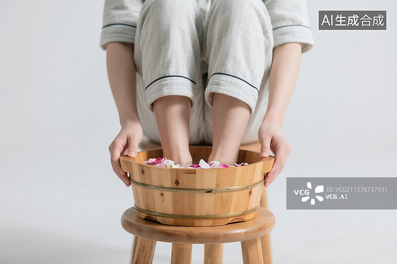 【AI数字艺术】一个人坐在凳子上泡脚脚部特写图片素材