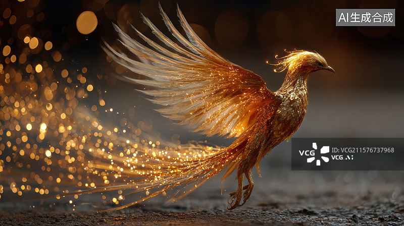 【AI数字艺术】展翅飞翔的金色凤凰图片素材