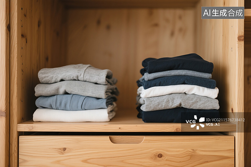 【AI数字艺术】衣服整齐的叠好放在衣柜里特写图片素材