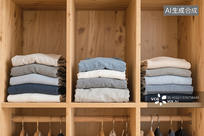 【AI数字艺术】衣服整齐的叠好放在衣柜里特写图片素材