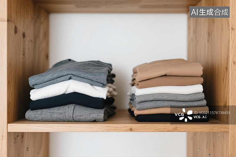 【AI数字艺术】衣服整齐的叠好放在衣柜里特写图片素材