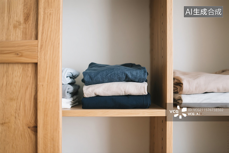 【AI数字艺术】衣服整齐的叠好放在衣柜里特写图片素材