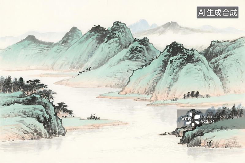 【AI数字艺术】中国水墨画高山和河流图片素材