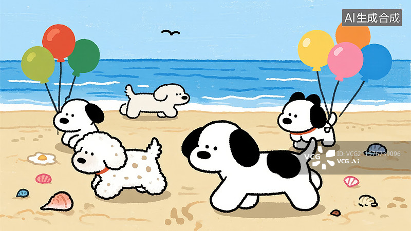 【AI数字艺术】海滩上的小狗与气球图片素材
