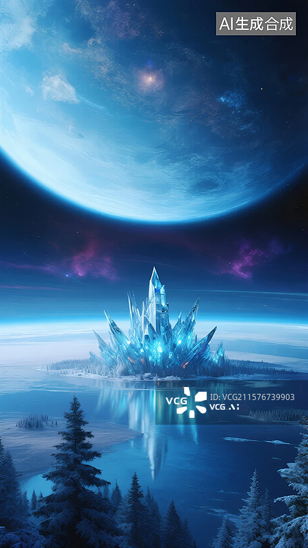 【AI数字艺术】冰晶城堡与星空下的奇幻景象图片素材