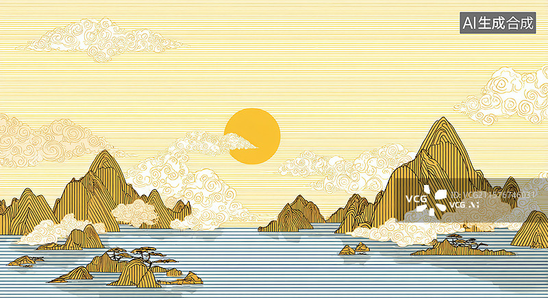 【AI数字艺术】夕阳山水画卷图片素材