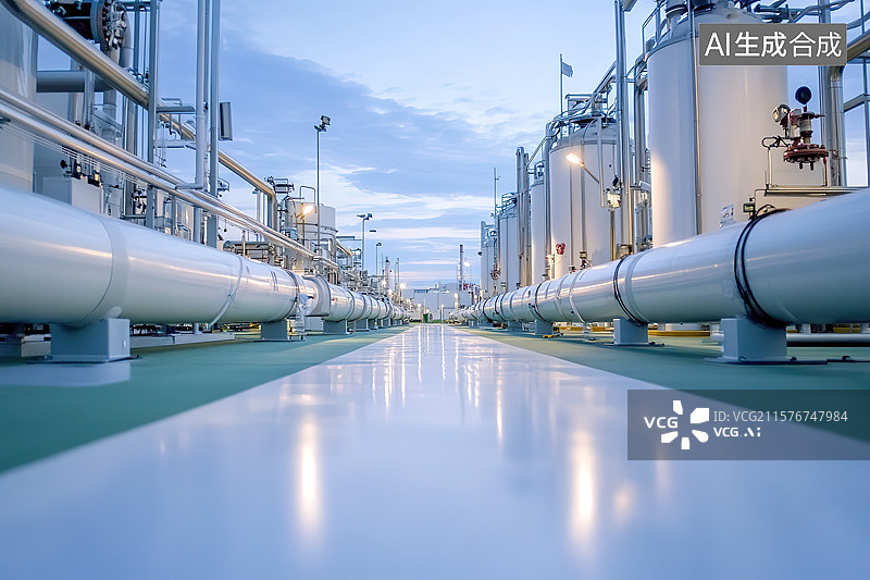 【AI数字艺术】黄昏中的天然气中继站和能源输送管道图片素材