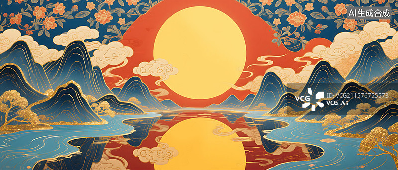 【AI数字艺术】湖光山色的中秋意境图片素材