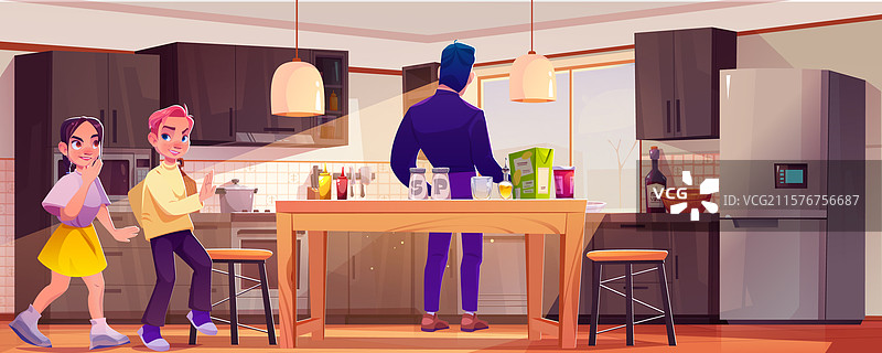 厨房里有一个男人靠近冰箱和孩子们的卡通画图片素材