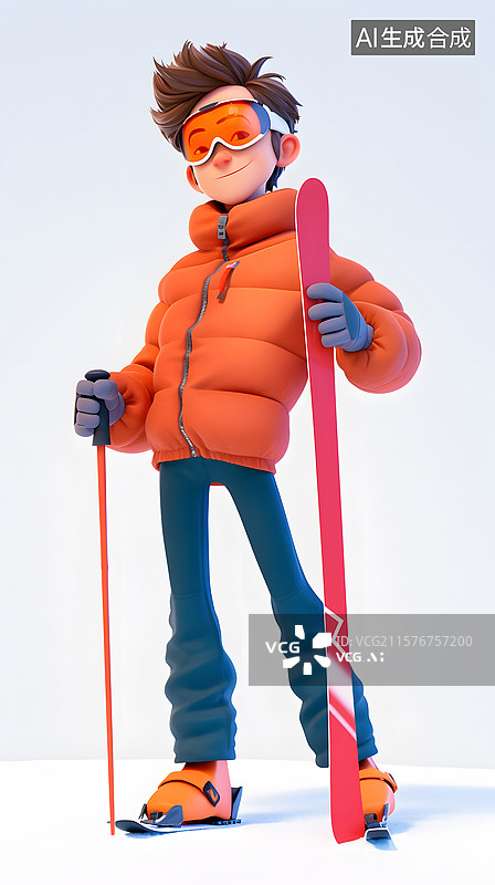 【AI数字艺术】雪地里的卡通滑雪少年图片素材