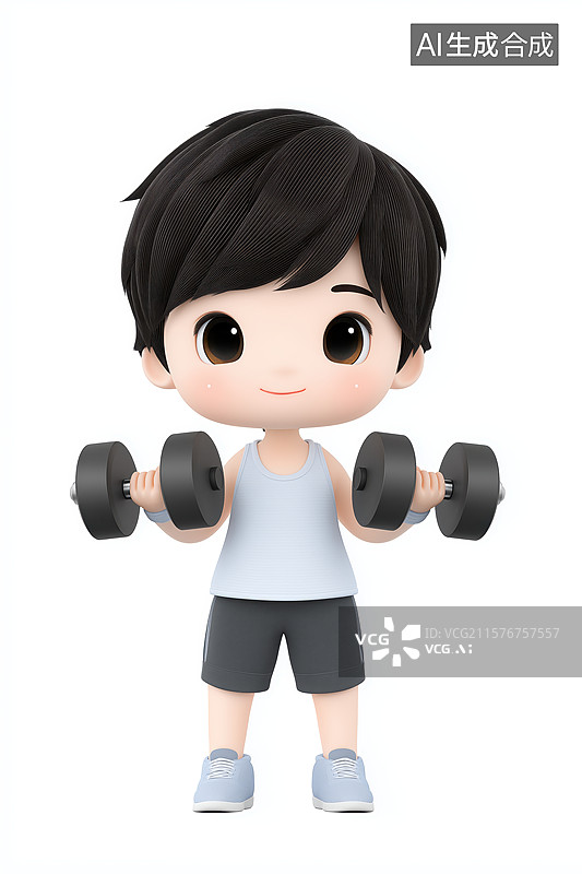 【AI数字艺术】卡通男孩手持哑铃锻炼图片素材