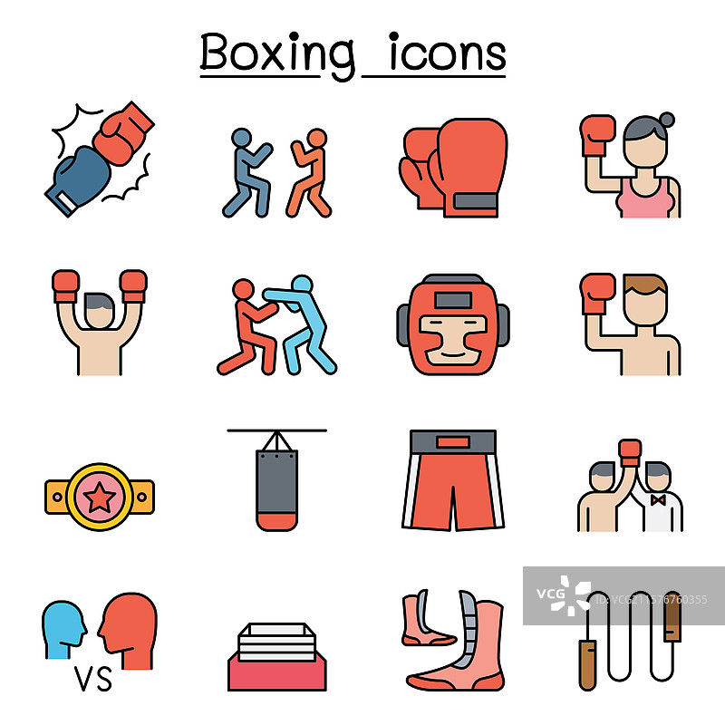 彩色线条风格的拳击图标集图片素材