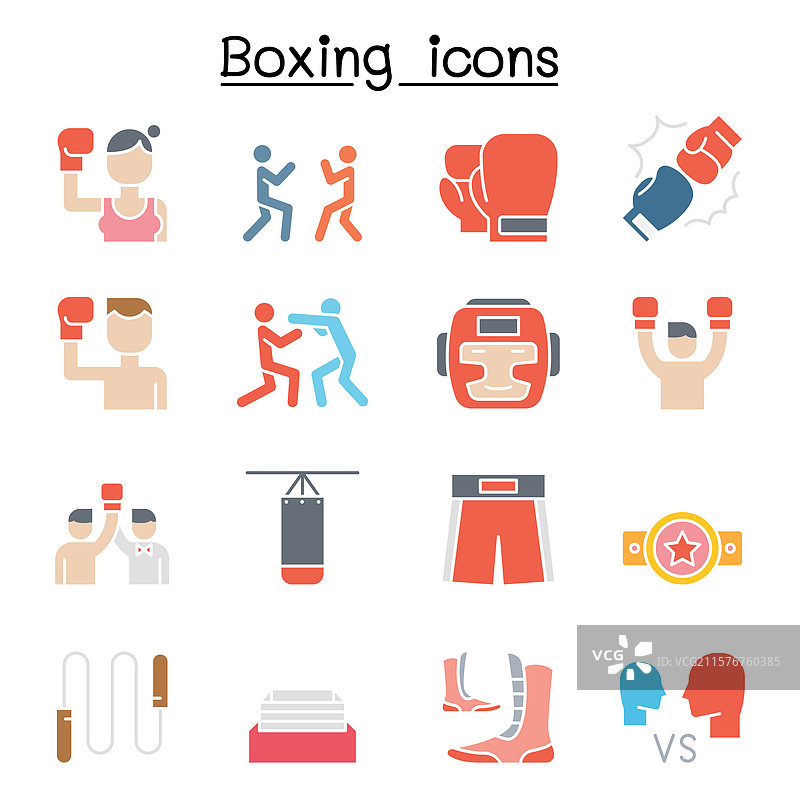 平面色彩风格的拳击图标集图片素材