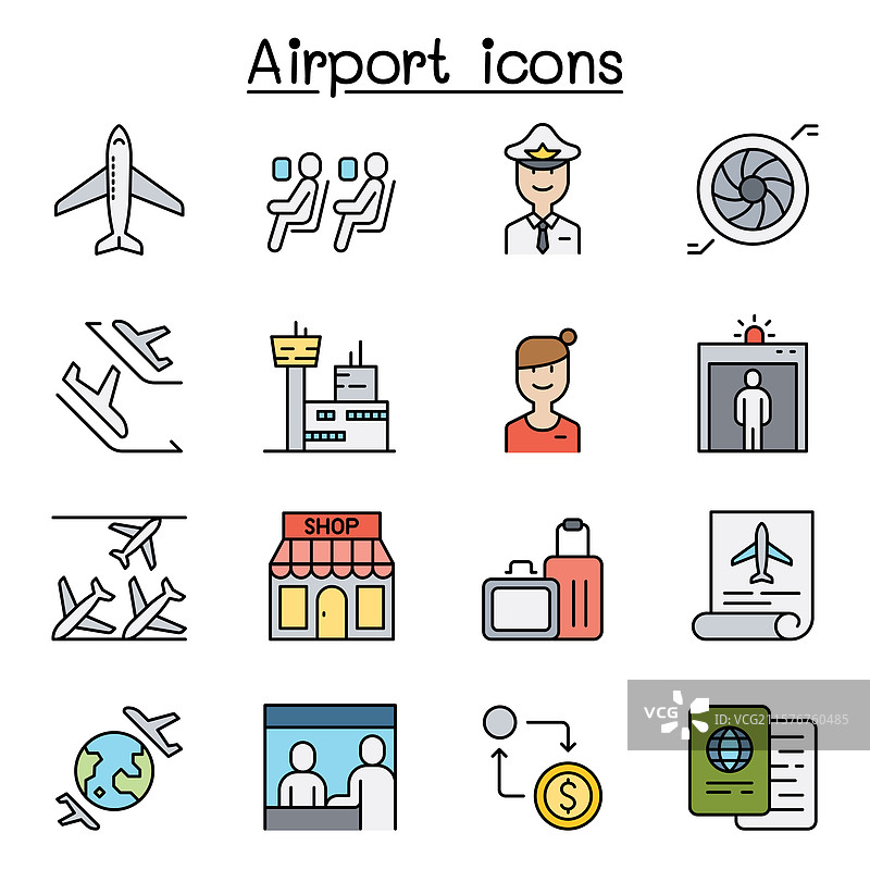 彩色线条风格的机场图标集图片素材