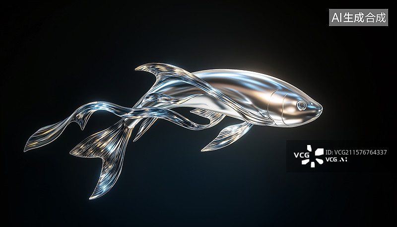 【AI数字艺术】银色游动的鱼飘带流体抽象三维背景图片素材