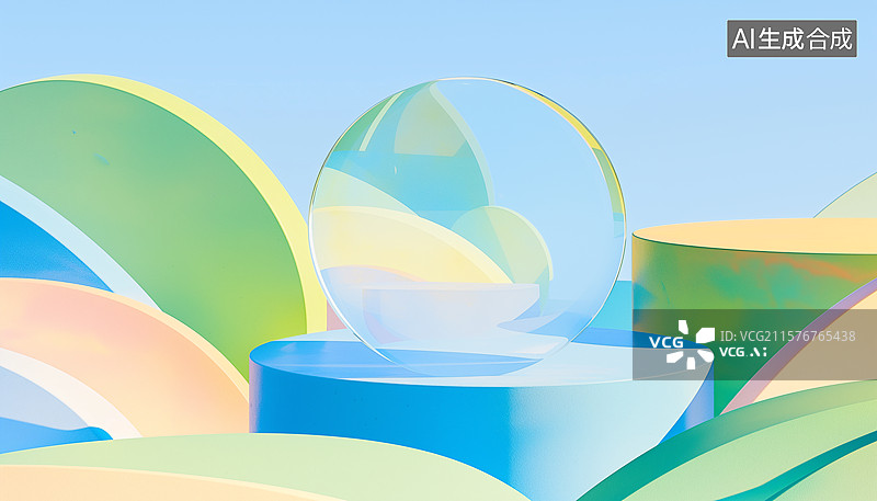 【AI数字艺术】圆柱上的透明圆形镜片清新壁纸插画图片素材