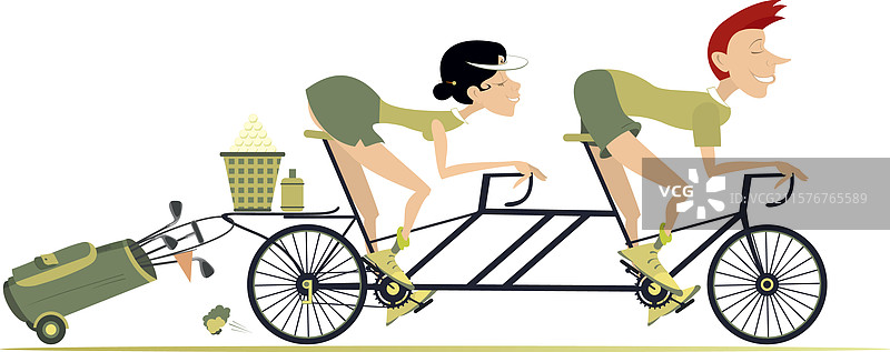 男女骑自行车去打高尔夫球图片素材
