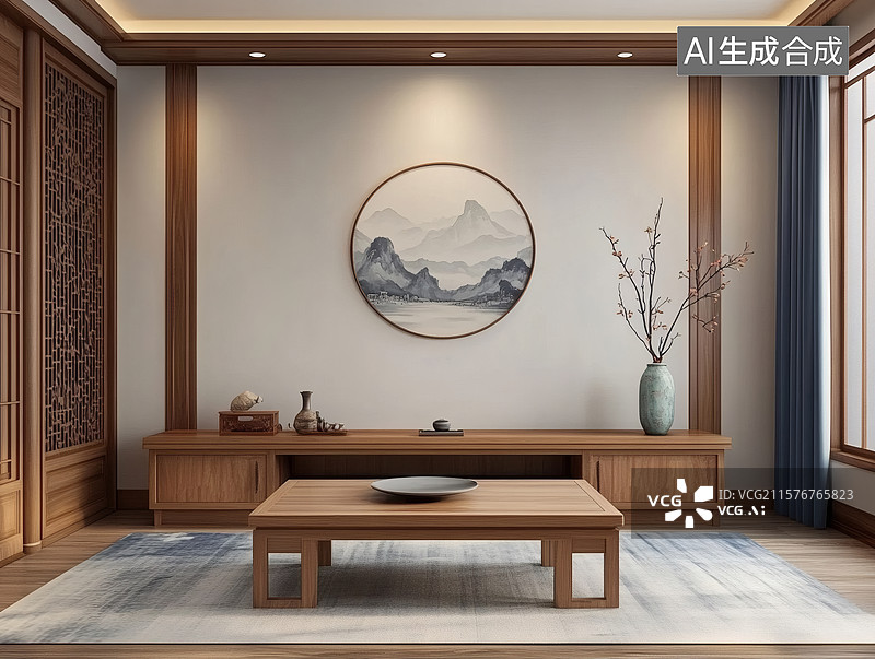 【AI数字艺术】中式客厅雅致布置图片素材