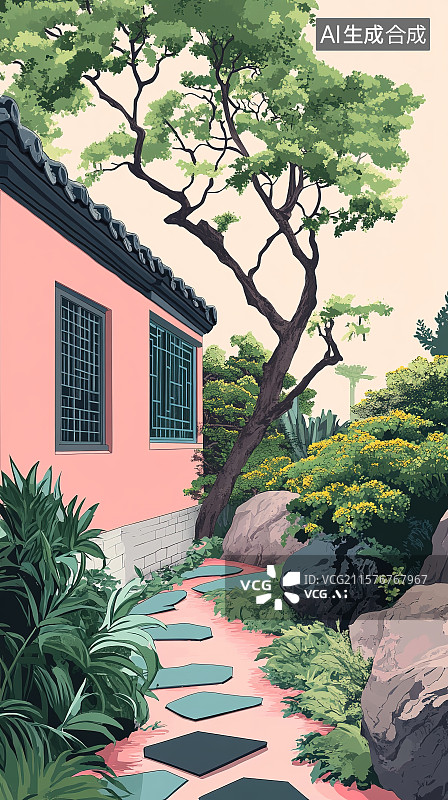 【AI数字艺术】中式江南园林古建筑插画图片素材