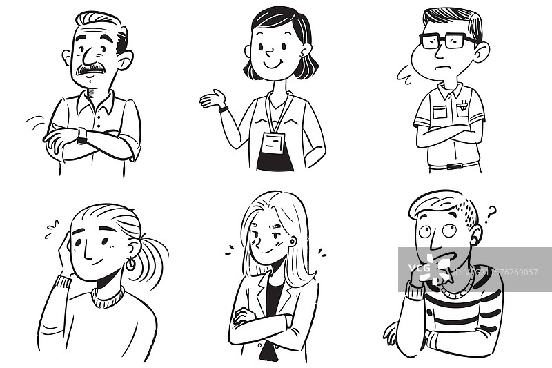 六个表情各异的人物卡通画图片素材