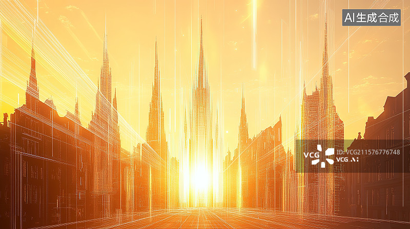 【AI数字艺术】金色阳光下的城市广场全息线条哥特式风格高塔建筑背景图片素材