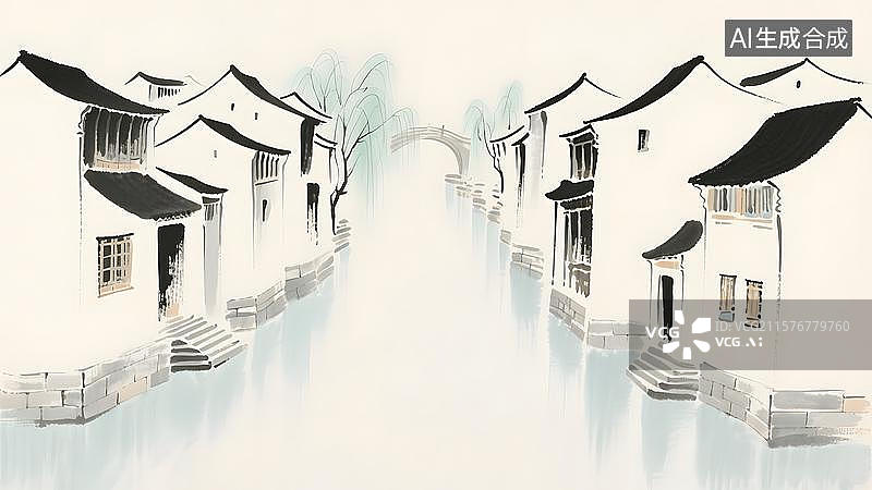 【AI数字艺术】水墨画水彩江南水乡背景图片素材