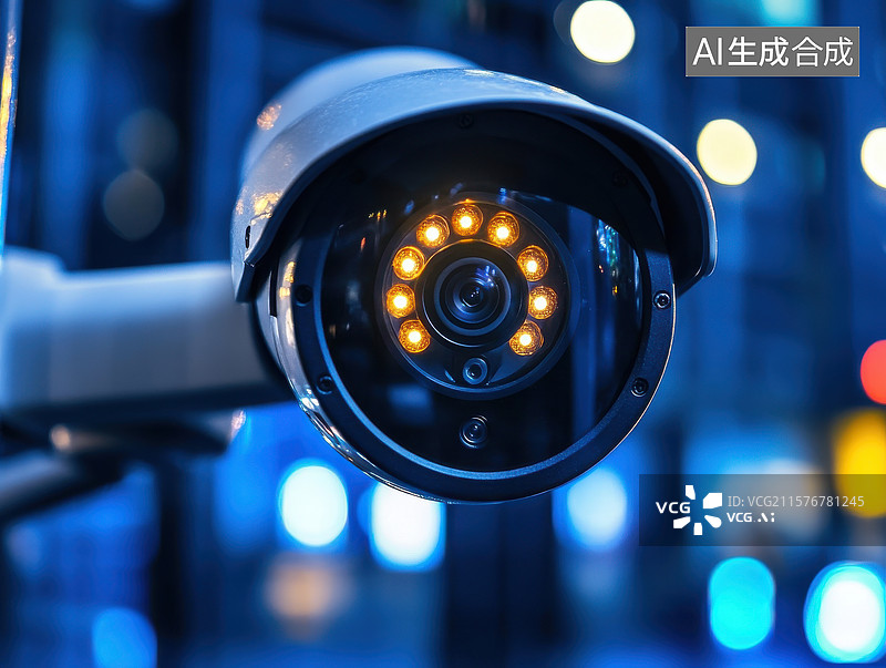 【AI数字艺术】夜景中的监控摄像头特写图片素材