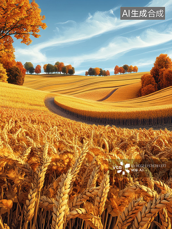 【AI数字艺术】金黄麦田与秋色交织的田园风光图片素材