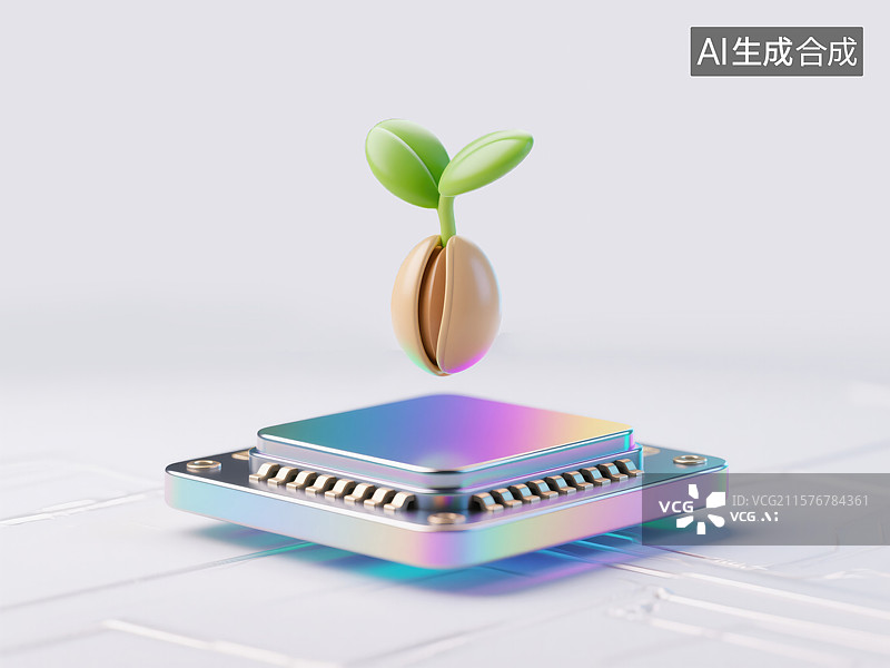 【AI数字艺术】创新种子悬浮于电子芯片上绿色科技和可持续未来发展希望新年生态友好数字增长愿景新质生产力激光镭射酸性金图片素材