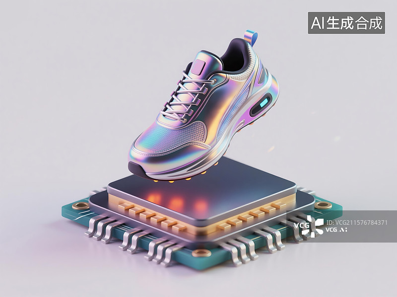 【AI数字艺术】未来智能跑鞋悬浮于电子芯片上创新运动科技抽象商业背景生活方式图片素材