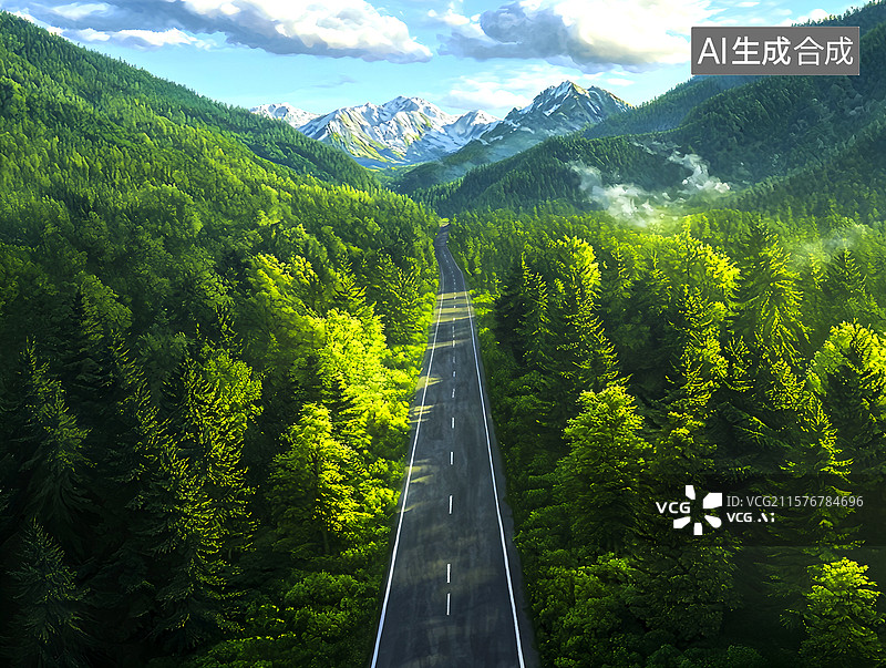 【AI数字艺术】森林中的公路，云雾围绕，航拍图像图片素材