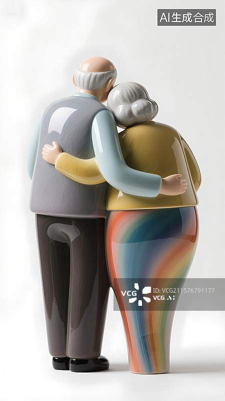 【AI数字艺术】重阳节，老夫妇与爱同行的背影，雕塑陶瓷图片素材