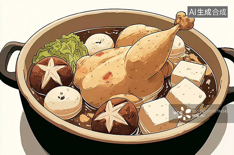 【AI数字艺术】砂锅中的香菇老母鸡汤插画图片素材