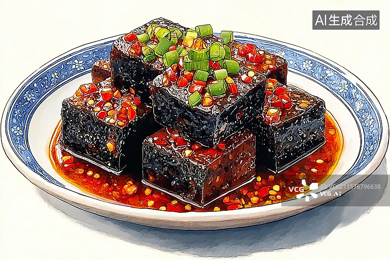 【AI数字艺术】香辣美味的臭豆腐撒着葱花图片素材