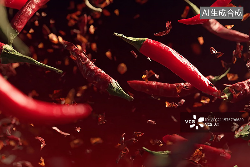 【AI数字艺术】空中飞舞的红辣椒，调味料图片素材