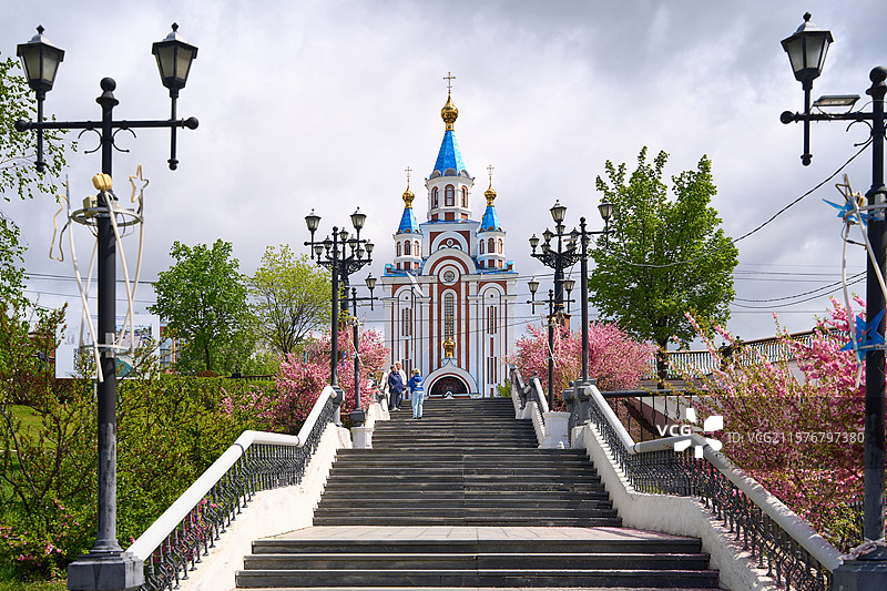 俄罗斯哈巴罗夫斯克蓝顶教堂图片素材