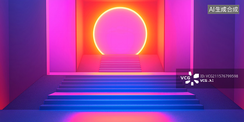 【AI数字艺术】霓虹灯赛博朋克3d人造空间产品展台场景背景图片素材