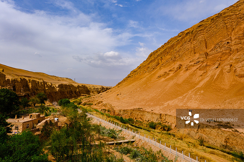 中国新疆吐鲁番市火焰山中断木头沟河谷西岸柏孜克里克千佛洞，火焰山中断风光图片素材