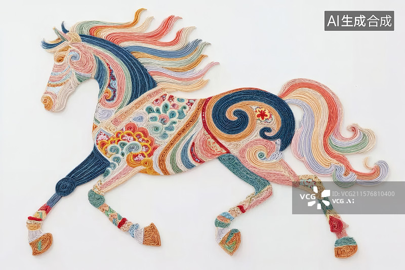 【AI数字艺术】刺绣出来的奔跑的骏马图片素材