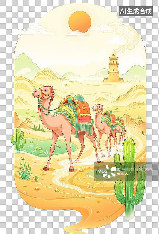 【AI数字艺术】国风沙漠驼队插画图片素材