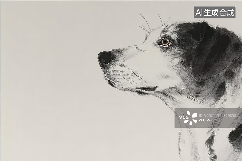 【AI数字艺术】黑白色，水墨画，一只可爱的狗狗头部特写图片素材