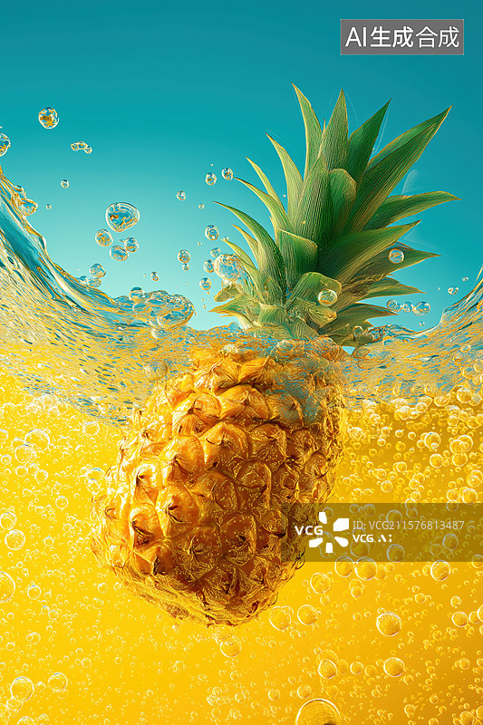 【AI数字艺术】菠萝在水中漂浮，气泡环绕图片素材