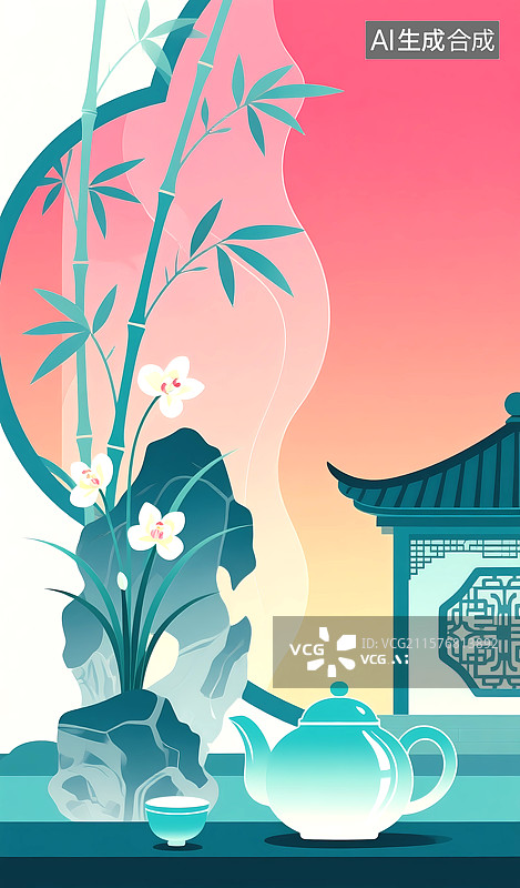 【AI数字艺术】茶壶弥散风格中式插画图片素材