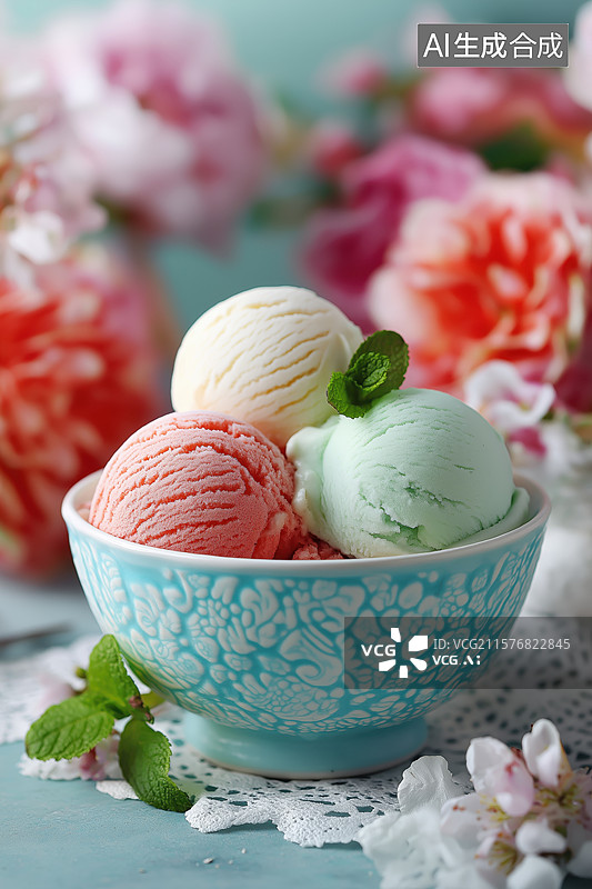 【AI数字艺术】三色冰淇淋配薄荷叶，背景为花卉图片素材