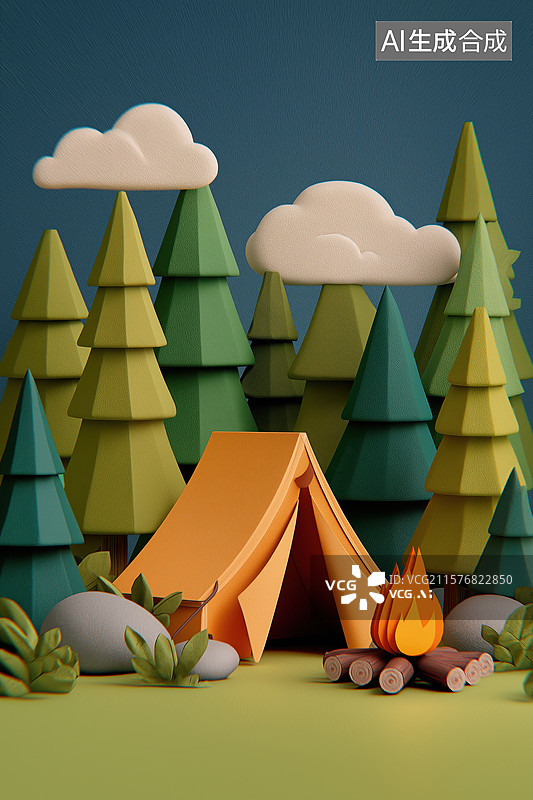【AI数字艺术】露营帐篷与篝火的森林场景图片素材
