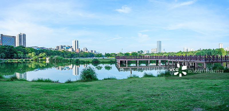 南宁南湖公园湖泊栈道绿色草地城市风光全景图片素材