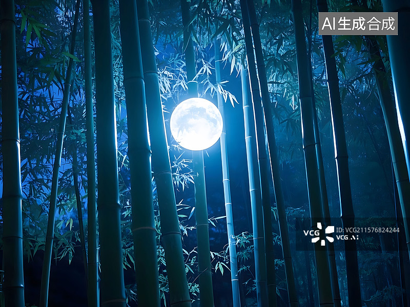 【AI数字艺术】静谧的夜晚，月光透过竹叶的缝隙洒下，形成一片片斑驳的光图片素材