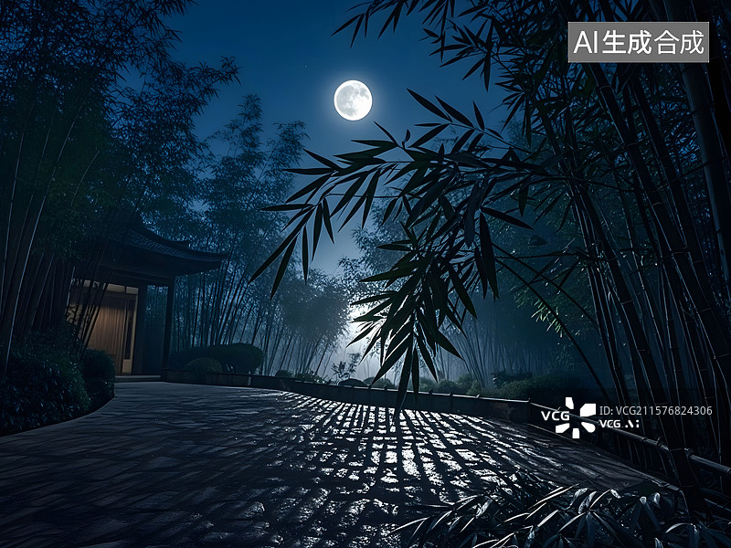 【AI数字艺术】静谧的夜晚，月光透过竹叶的缝隙洒下，形成一片片斑驳的光图片素材