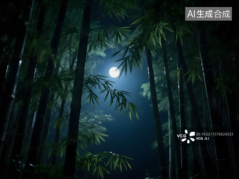 【AI数字艺术】静谧的夜晚，月光透过竹叶的缝隙洒下，形成一片片斑驳的光影图片素材