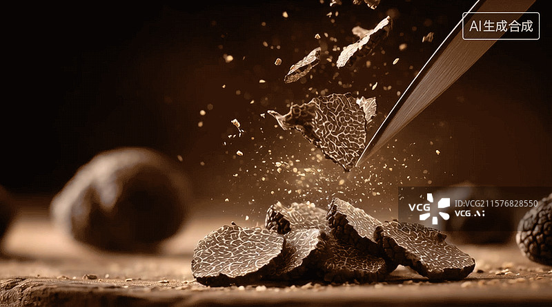 【AI数字艺术】一颗黑松露切片从空中落下图片素材